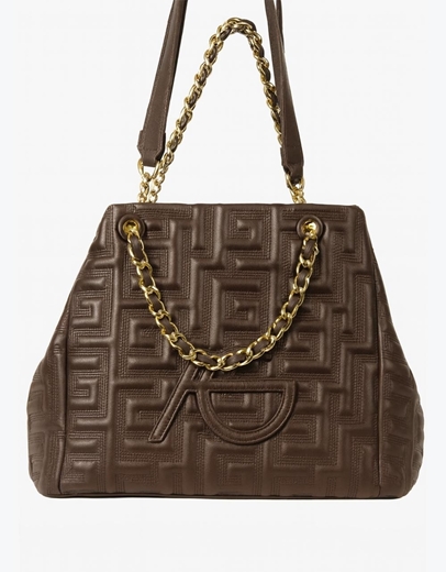 Εικόνα της Χειροποίητη τσάντα ώμου με διπλό λουράκι από αλυσίδα Καφέ