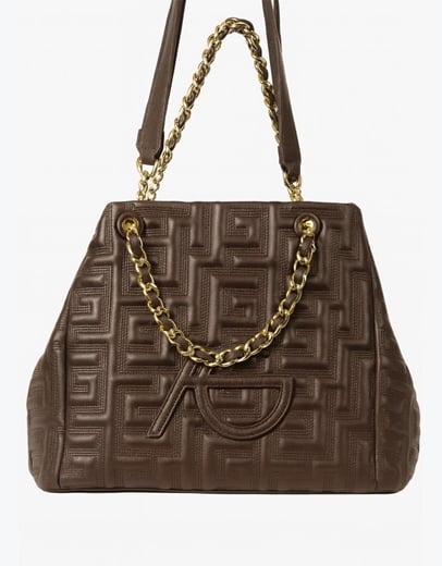 Εικόνα της Χειροποίητη τσάντα ώμου με διπλό λουράκι από αλυσίδα Καφέ