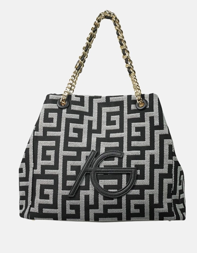 Εικόνα της Χειροποίητη τσάντα ώμου με διπλό λουράκι από αλυσίδα Μαύρο/Λευκό