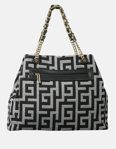 Εικόνα της Χειροποίητη τσάντα ώμου με διπλό λουράκι από αλυσίδα Μαύρο/Λευκό