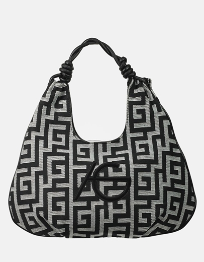 Εικόνα της Xειροποίητη τσάντα χειρός με μαίανδρο με ιδιαίτερο σχέδιο L Μαύρο/Λευκό