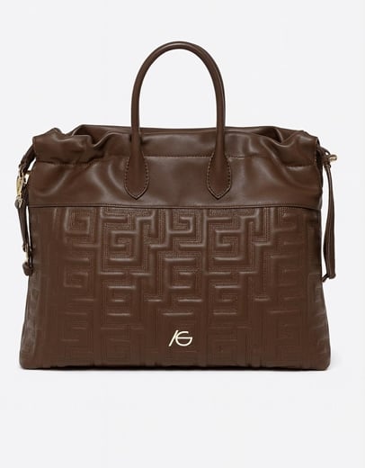 Εικόνα της Χειροποίητη τσάντα χειρός με μαίανδρο και ιμάντα ώμου Καφέ