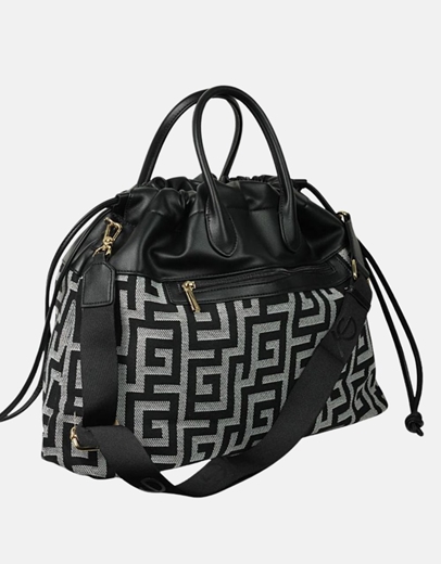 Εικόνα της Χειροποίητη τσάντα χειρός με μαίανδρο και ιμάντα ώμου Μαύρο/Λευκό