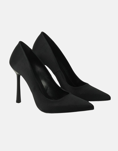 Εικόνα της Δερμάτινες σατέν ψηλοτάκουνες μυτερές γόβες Ελληνικής κατασκευής Μαύρο