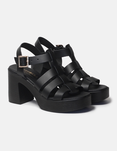 Εικόνα της Δερμάτινα πέδιλα Ελληνικής κατασκευής με τετράγωνο τακούνι Μαύρο