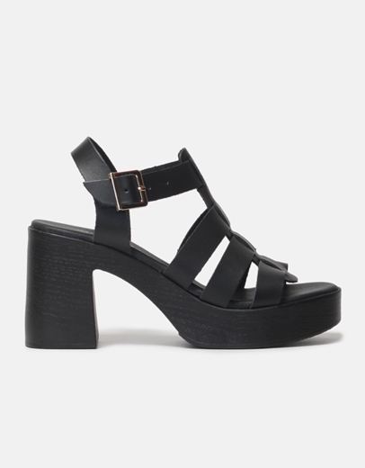 Εικόνα της Δερμάτινα πέδιλα Ελληνικής κατασκευής με τετράγωνο τακούνι Μαύρο