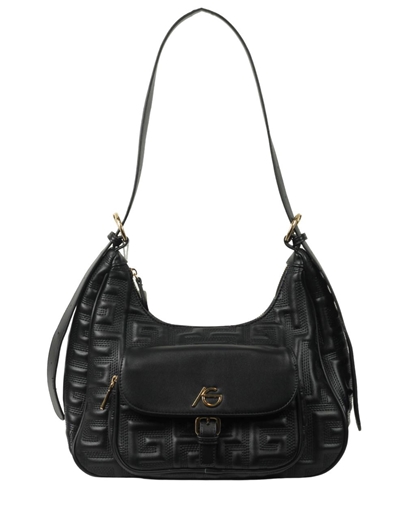 Εικόνα της Χειροποίητη τσάντα ώμου με μαίανδρο και εξωτερική θήκη Μαύρο