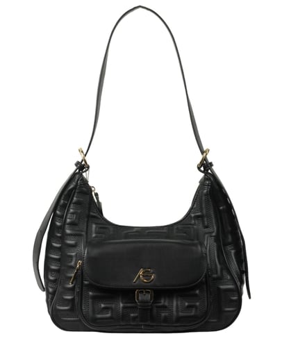 Εικόνα της Χειροποίητη τσάντα ώμου με μαίανδρο και εξωτερική θήκη Μαύρο