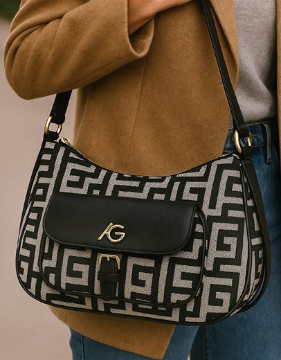 Εικόνα της Χειροποίητη τσάντα ώμου με μαίανδρο και εξωτερική θήκη Μαύρο/Λευκό