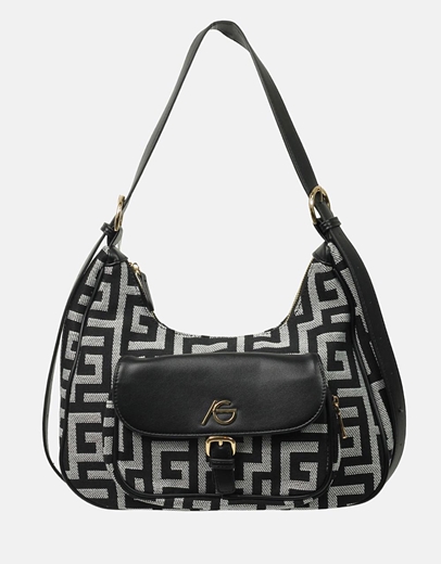 Εικόνα της Χειροποίητη τσάντα ώμου με μαίανδρο και εξωτερική θήκη Μαύρο/Λευκό