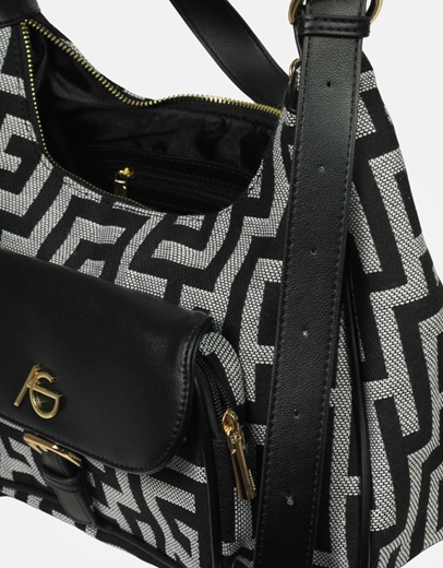 Εικόνα της Χειροποίητη τσάντα ώμου με μαίανδρο και εξωτερική θήκη Μαύρο/Λευκό