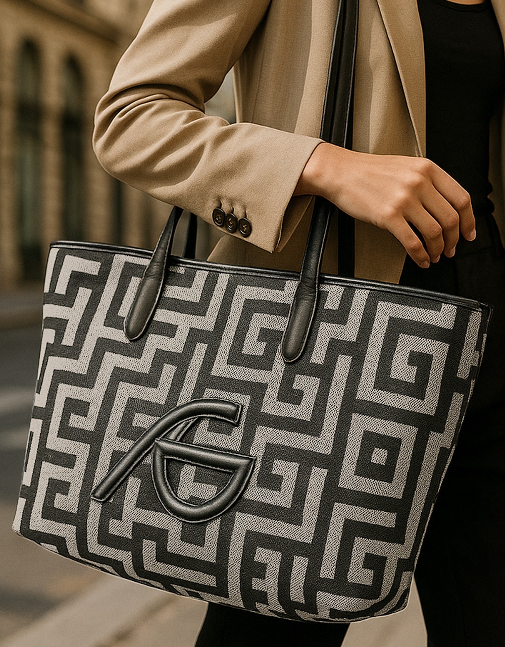 Εικόνα από Χειροποίητη τσάντα ώμου με μαίανδρο και διπλά λουράκια Μαύρο/Λευκό