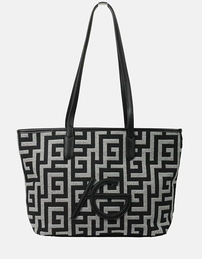 Εικόνα της Χειροποίητη τσάντα ώμου με μαίανδρο και διπλά λουράκια Μαύρο/Λευκό