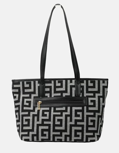 Εικόνα της Χειροποίητη τσάντα ώμου με μαίανδρο και διπλά λουράκια Μαύρο/Λευκό