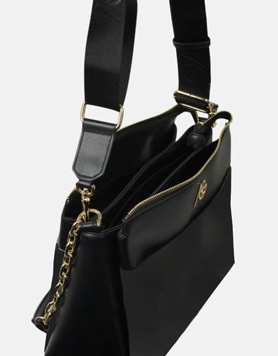 Εικόνα της Χειροποίητη τσάντα ώμου με σχέδιο μαιάνδρου Μαύρο