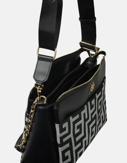 Εικόνα της Χειροποίητη τσάντα ώμου με σχέδιο μαιάνδρου Μαύρο/Λευκό