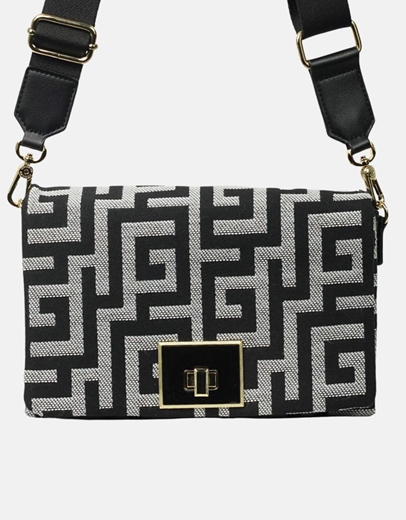 Εικόνα της Χειροποίητη τσάντα ώμου με μαίανδρο και μεταλλικό κούμπωμα S Μαύρο/Λευκό