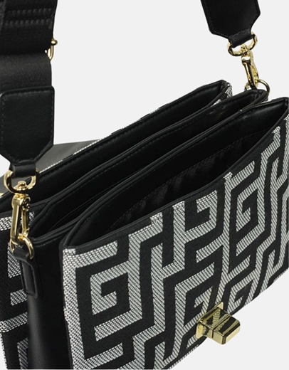 Εικόνα της Χειροποίητη τσάντα ώμου με μαίανδρο και μεταλλικό κούμπωμα S Μαύρο/Λευκό