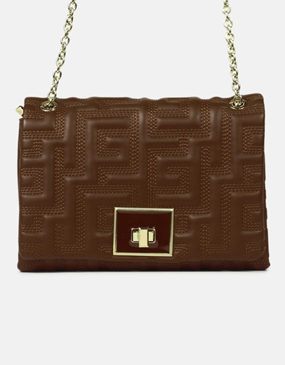 Εικόνα της Χειροποίητη τσάντα ώμου με μαίανδρο και μεταλλικό κούμπωμα M Καφέ