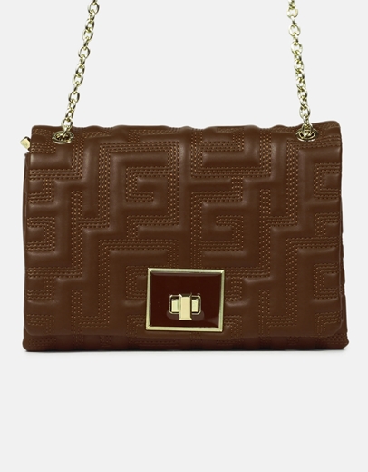 Εικόνα της Χειροποίητη τσάντα ώμου με μαίανδρο και μεταλλικό κούμπωμα M Καφέ