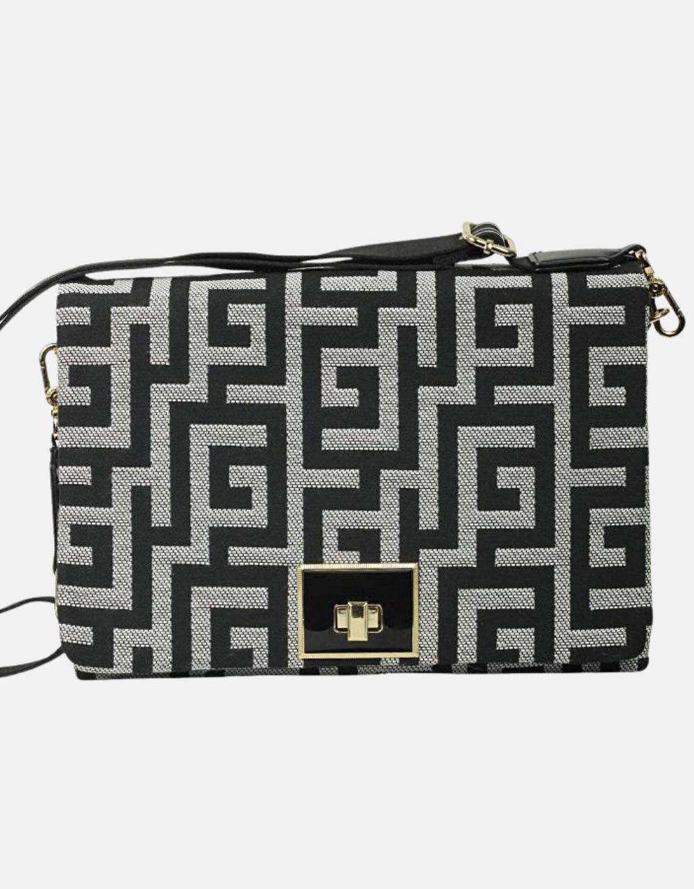 Εικόνα από Χειροποίητη τσάντα ώμου με μαίανδρο και μεταλλικό κούμπωμα M Μαύρο/Λευκό