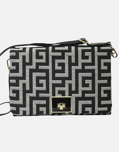 Εικόνα της Χειροποίητη τσάντα ώμου με μαίανδρο και μεταλλικό κούμπωμα M Μαύρο/Λευκό