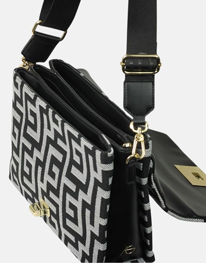 Εικόνα της Χειροποίητη τσάντα ώμου με μαίανδρο και μεταλλικό κούμπωμα M Μαύρο/Λευκό