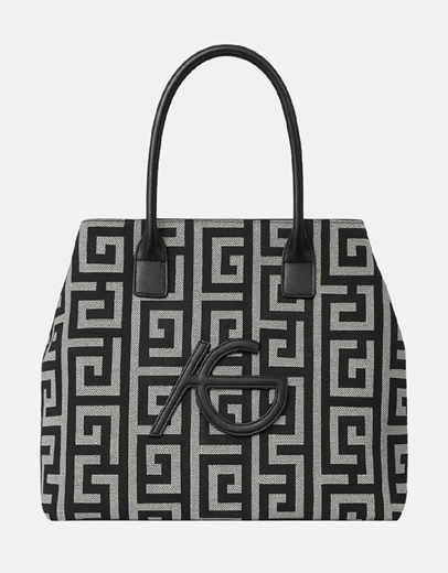 Εικόνα της Xειροποίητη τσάντα χειρός με μοτίβο μαιάνδρου και κλίπ Μαύρο/Λευκό