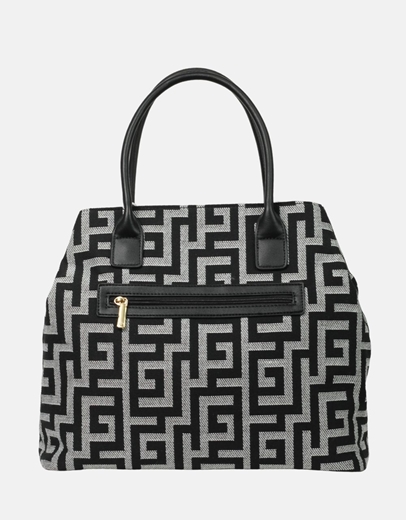 Εικόνα της Xειροποίητη τσάντα χειρός με μοτίβο μαιάνδρου και κλίπ Μαύρο/Λευκό