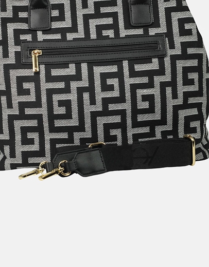 Εικόνα της Xειροποίητη τσάντα χειρός με μοτίβο μαιάνδρου και κλίπ Μαύρο/Λευκό