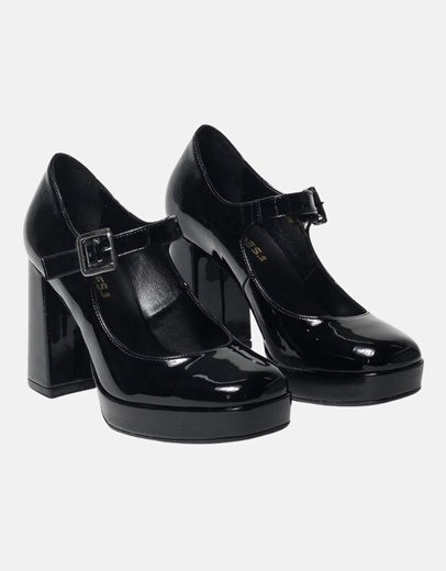 Εικόνα της Mary Jane γόβες λουστρίνι με τετράγωνο τακούνι Μαύρο