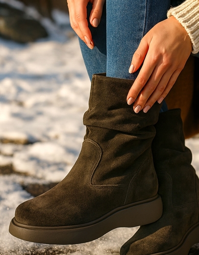 Εικόνα της Γυναικεία δερμάτινα μποτάκια ελληνικής κατασκευής με σούρα Καφέ