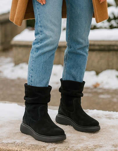 Εικόνα της Γυναικεία δερμάτινα μποτάκια ελληνικής κατασκευής με σούρα Μαύρο