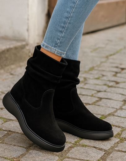 Εικόνα της Γυναικεία δερμάτινα μποτάκια ελληνικής κατασκευής με σούρα Μαύρο