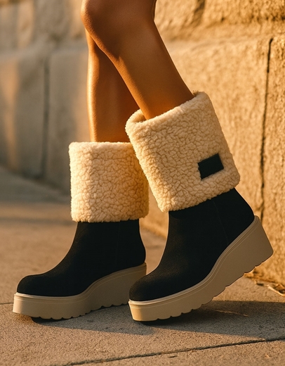 Εικόνα της Γυναικέια suede μποτάκια με διπλό πάτο Μαύρο