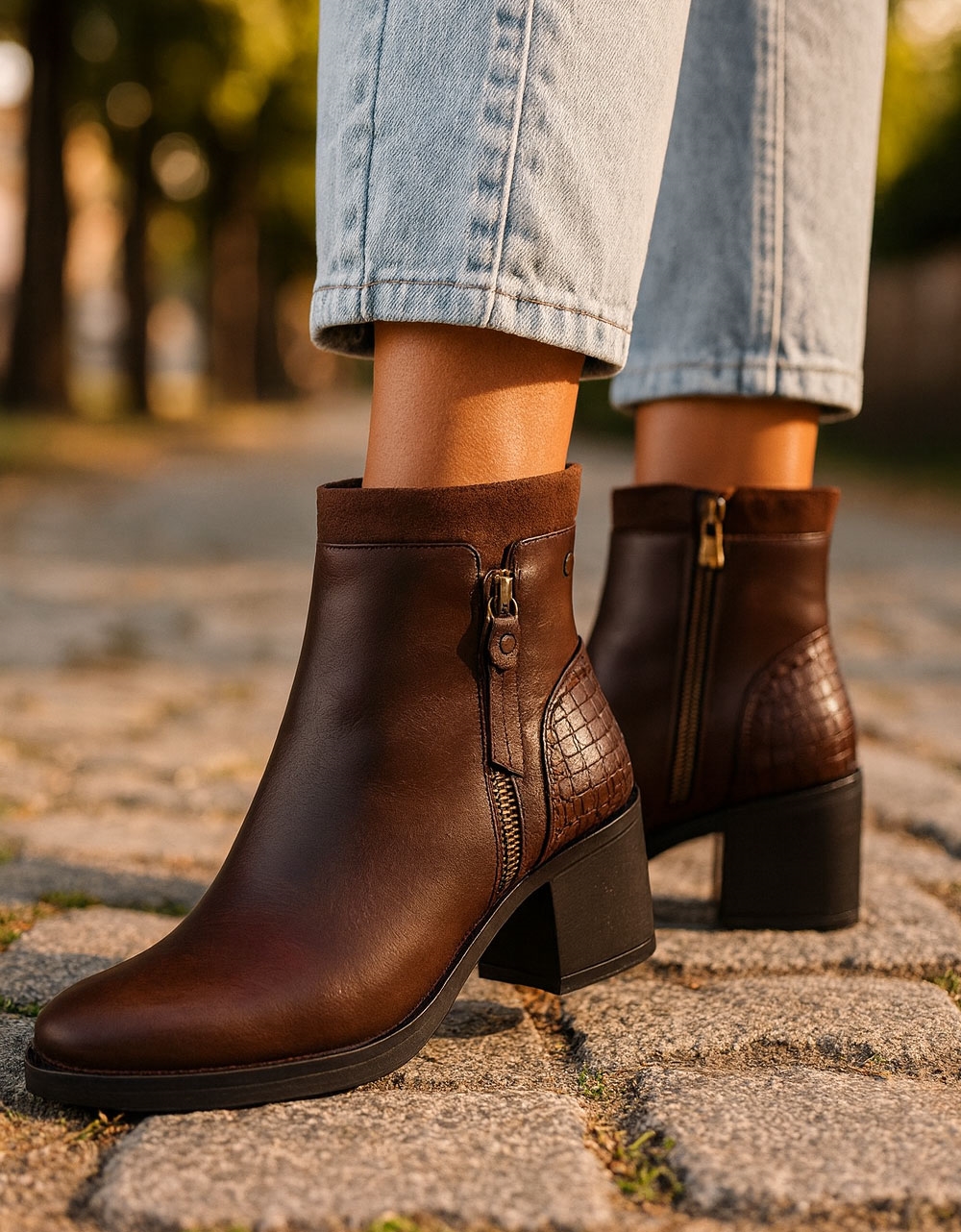 Εικόνα από Γυναικεία μποτάκια με διπλό υλικό και χαμηλό τακούνι Καφέ