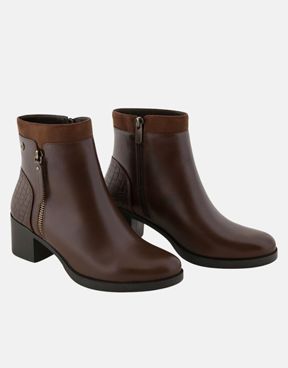 Εικόνα της Γυναικεία μποτάκια με διπλό υλικό και χαμηλό τακούνι Καφέ