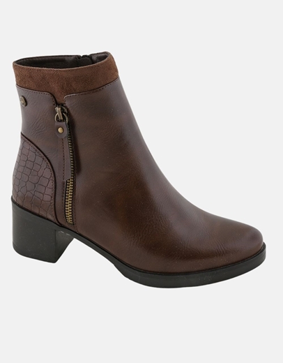 Εικόνα της Γυναικεία μποτάκια με διπλό υλικό και χαμηλό τακούνι Καφέ