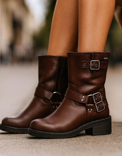 Εικόνα της Γυναικεία μποτάκια με τοκάδες και χαμηλό τακούνι Καφέ