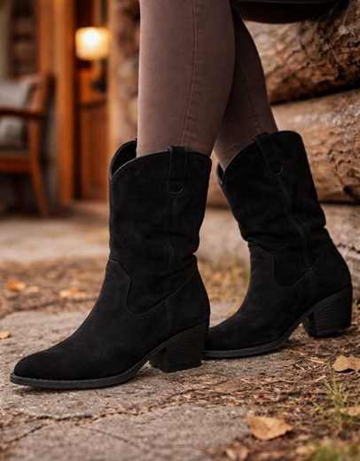 Εικόνα της Basic cowboy μονόχρωμα μποτάκια suede Μαύρο