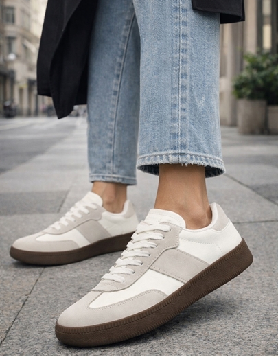 Εικόνα της Γυναικεία sneakers με διπλή σόλα και συνδιασμλο υλικών Λευκό