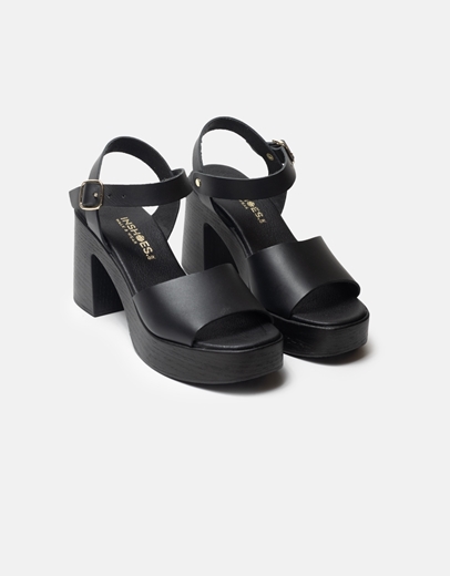 Εικόνα της Δερμάτινα πέδιλα Ελληνικής κατασκευής με τετράγωνο τακούνι Μαύρο