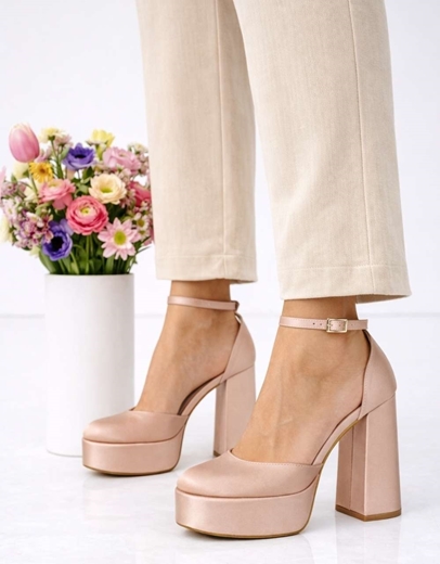 Εικόνα της Ψηλοτάκουνες σατέν μονόχρωμες γόβες Ελληνικής κατασκευής Nude