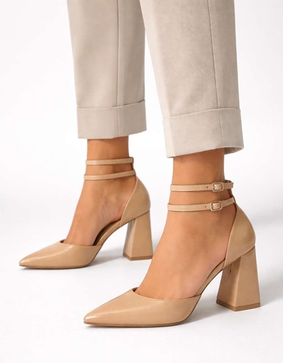 Εικόνα της Γόβες με τετράγωνο τακούνι και διπλή μπαρέτα Κάμελ