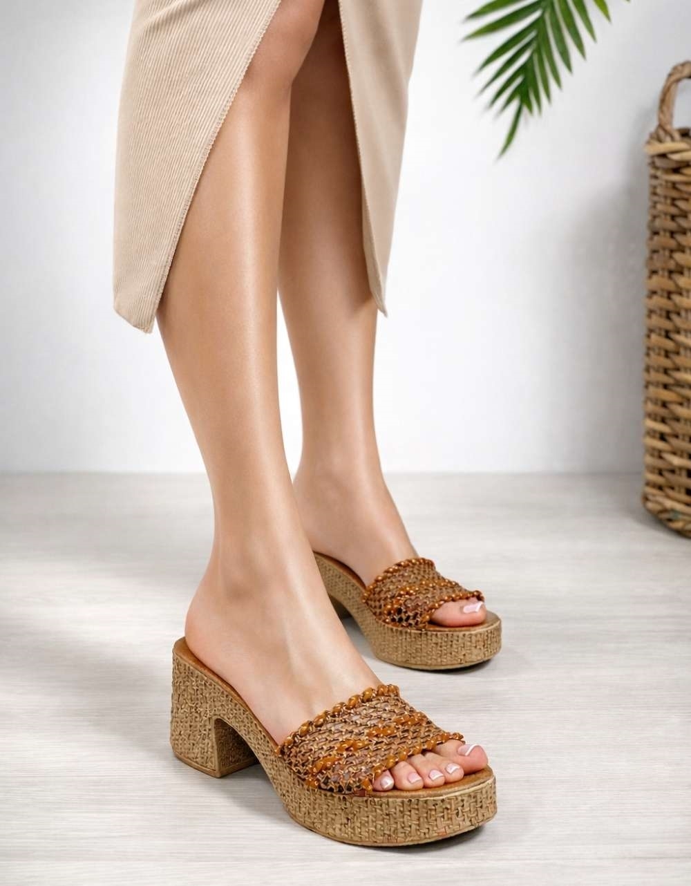 Εικόνα από Boho mules με πλεκτό σχέδιο και τρουκς Καφέ