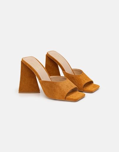 Εικόνα της Γυναικεία mules suede με τακούνι καμπάνα Κάμελ