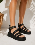 Εικόνα από Δερμάτινα flatforms Ελληνικής κατασκευής με παράλληλα λουριά Μαύρο