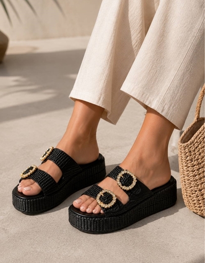 Εικόνα της Ψάθινα flatforms με διπλό τοκά από πετράδια Μαύρο