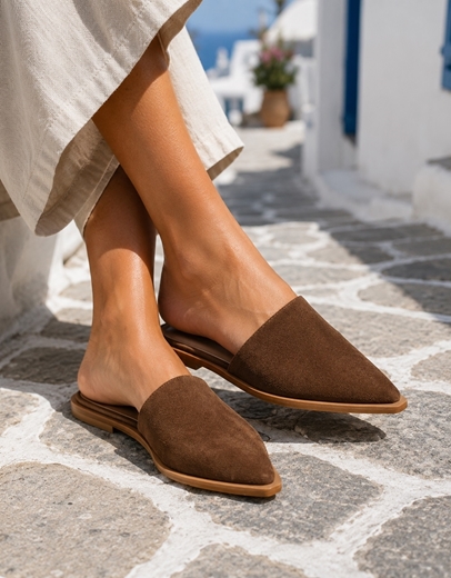 Εικόνα της Δερμάτινα mules suede Ελληνικής Κατασκευής σε μυτερή γραμμή Καφέ