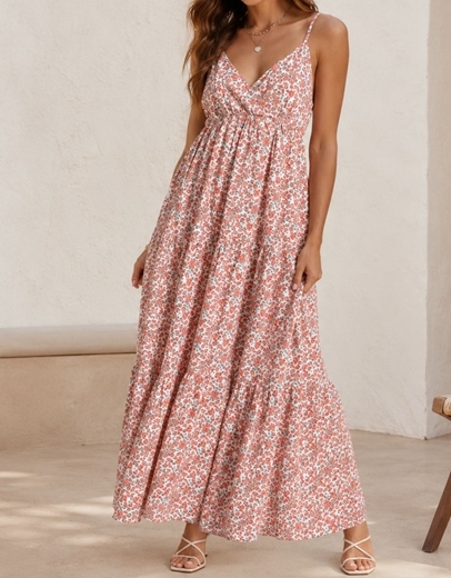 Εικόνα της Κρουαζέ maxi φόρεμα με βολάν και floral μοτίβο Κόκκινο
